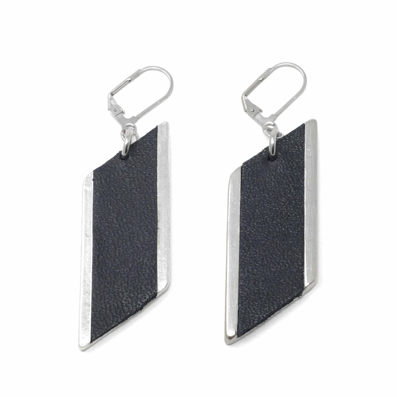 Large Diamond Feature Drop Earrings with Black Leather Inlay full view
