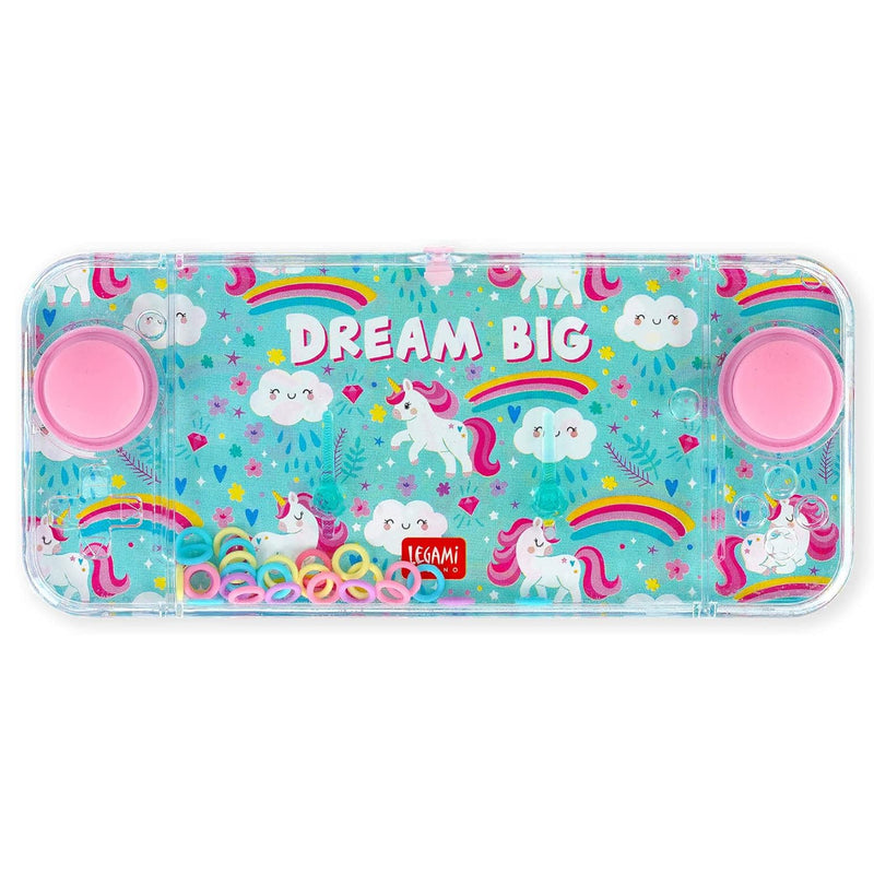 unicorn themed water game in the style of a hand-held games console