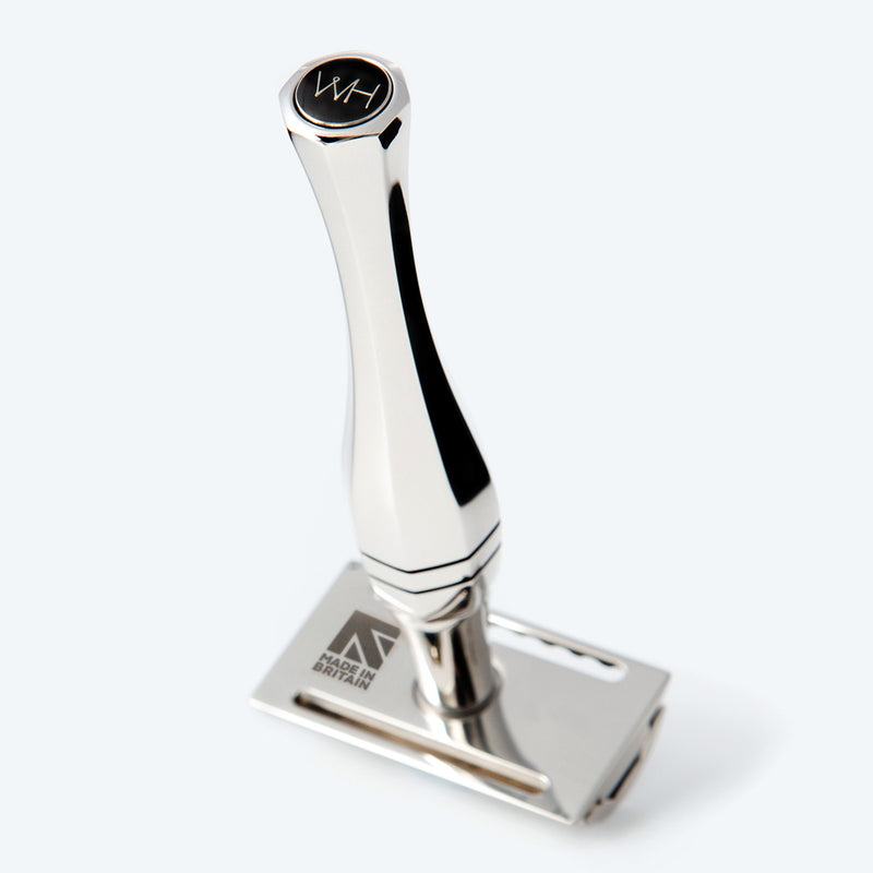 "Line of Kings' Eltham Stainless Steel Safety Razor view of faceted handle with view of the text on back of the razor head reading 'Made In Britain'"
