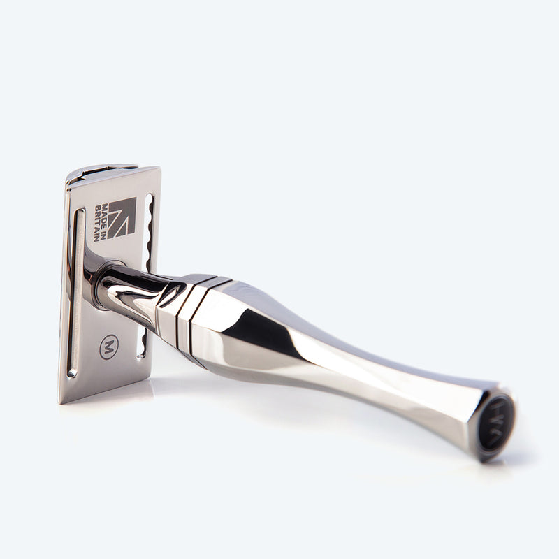 Line of Kings' Eltham Stainless Steel Safety Razor Lying on its side full view of back left