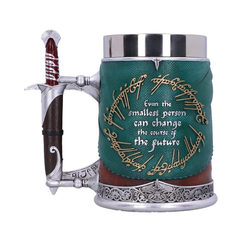 A back view of a steel tankard made in the image of Frodo Baggins. It is wearing a green cape with the script of the One Ring written in a circle. Inside the circle the text reads 'Even the smallest person can change the course of the future'.