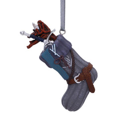 Lord of the Rings Grey Gandalf stocking ornament with brown belt, brown bag, and sword