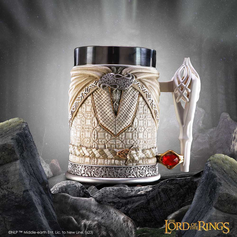 Decorative mug with intricate designs and a red gemstone, set against a fantasy-themed background.