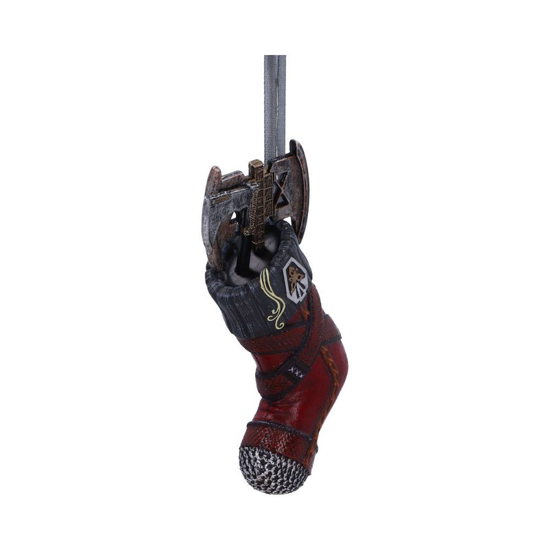 Lord of the Rings Gimli Stocking Hanging Decoration- red with axes tucked inside- left side front view