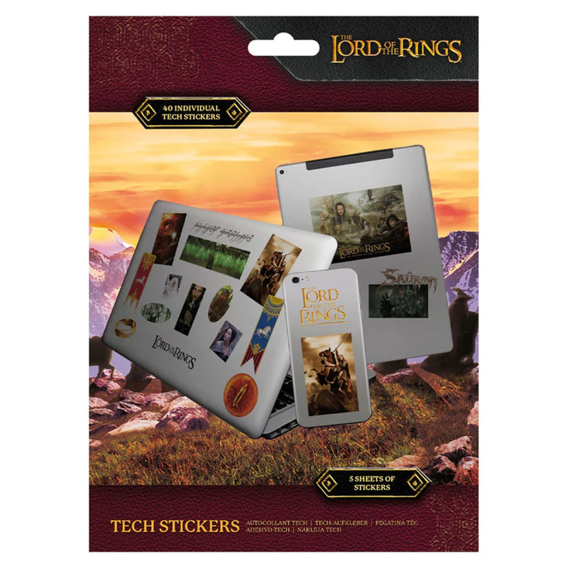 Packaging of 'Lord of the Rings' tech stickers with scenic background