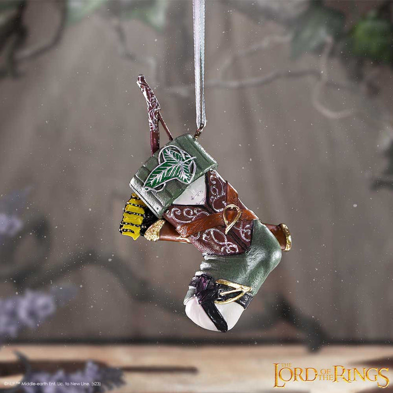 Lord of the Rings Legolas Stocking Hanging Decoration with bow and arrows and a leaf broach in snowy forest environment