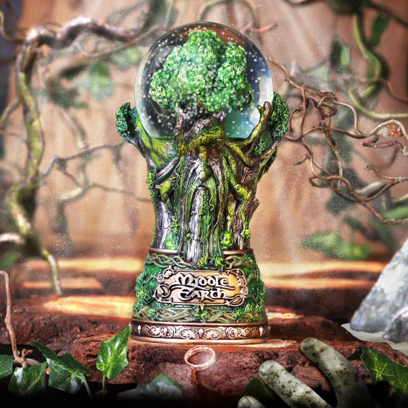 Glowing decorative sphere with tree design and 'Middle Earth' text, surrounded by foliage.