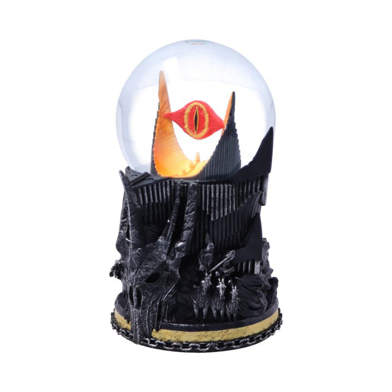 Glowing eye design inside a clear sphere on a black base with intricate details