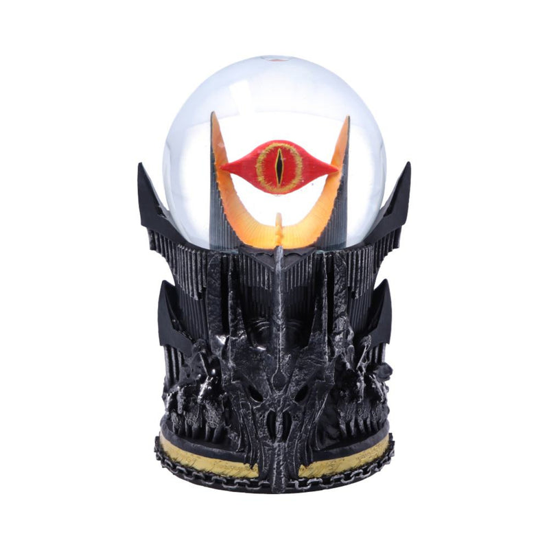 Glowing eye design inside a transparent sphere with a black, detailed base on a white background