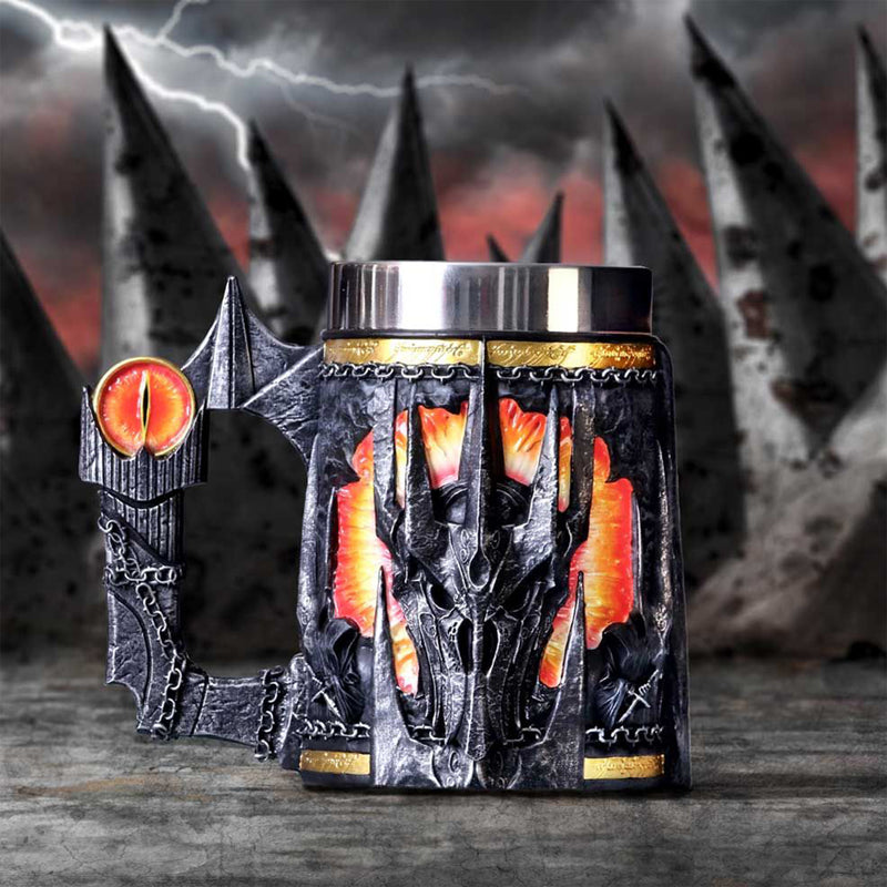 Lord of the Rings Sauron Tankard displayed in front of dramatic mordor like background