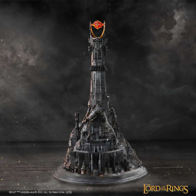 Model of Sauron's tower from 'The Lord of the Rings' on a dark background