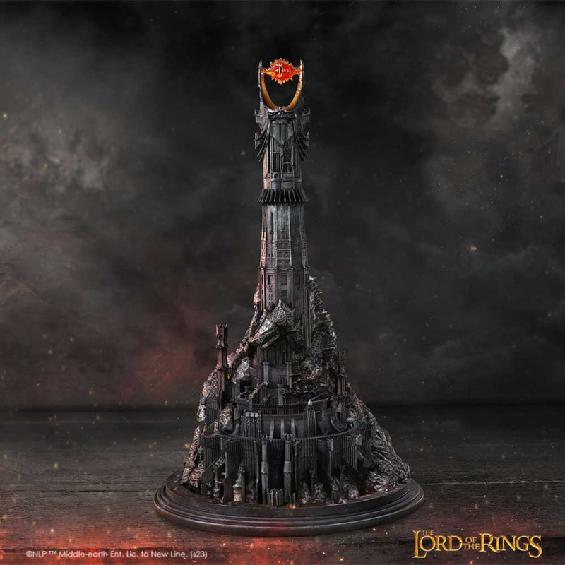 Model of Sauron's Tower from 'The Lord of the Rings' on a dark background