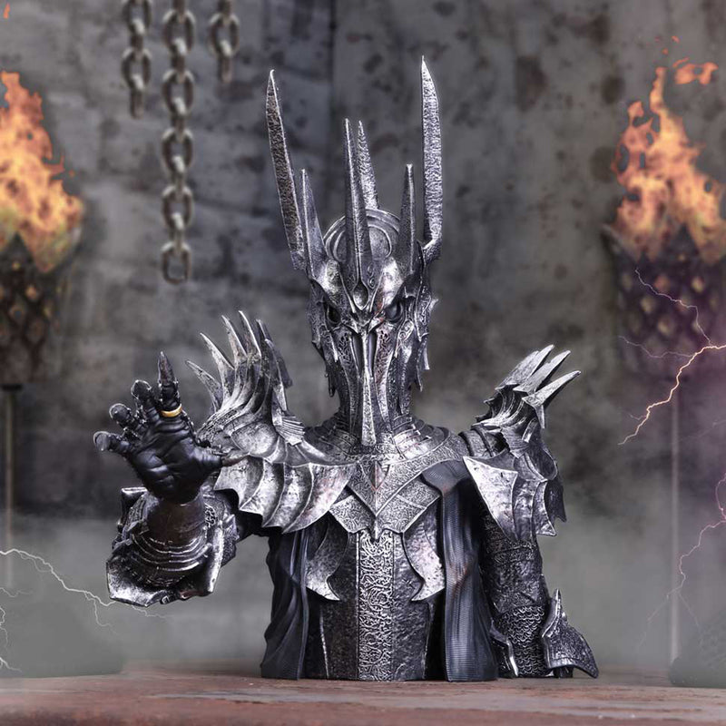 Lord of the Rings Sauron Bust Sculpture front view displayed in a dungeon like setting