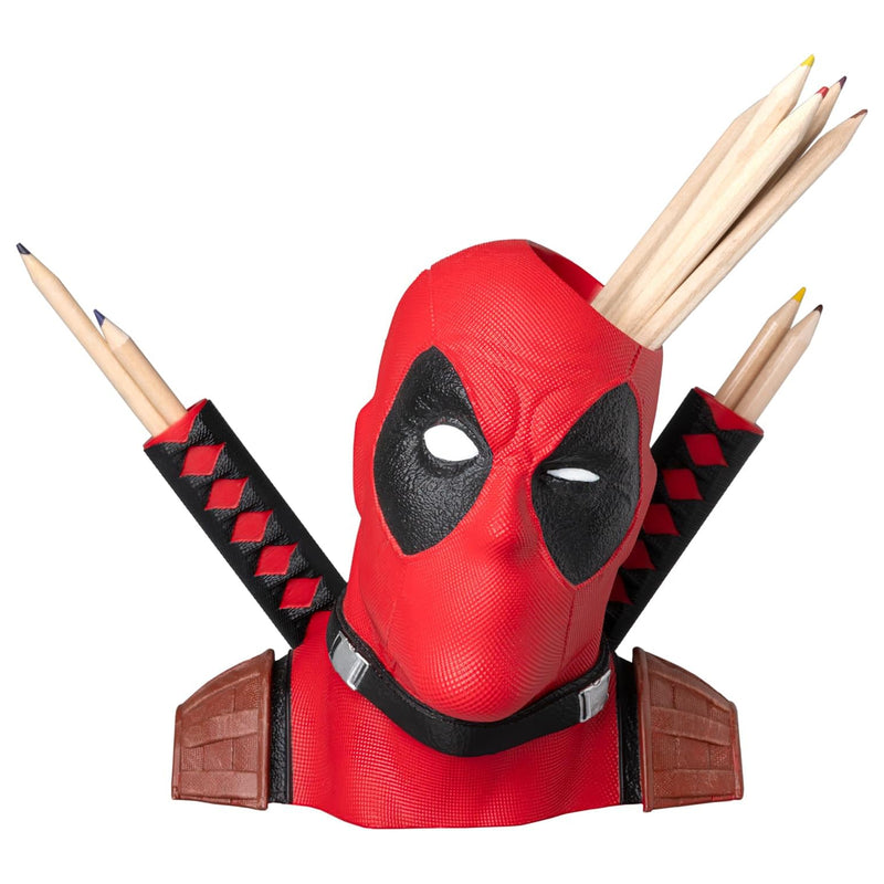 Deadpool mask with mechanical arms holding pencils on a white background