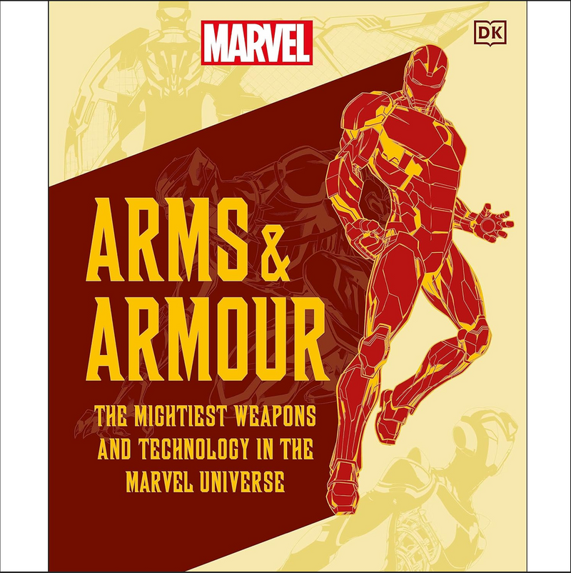Front cover of 'Arms & Armour: The Mightiest Weapons and Technology in the Marvel Universe'. The cover is red and gold with a picture of Iron Man in flight.