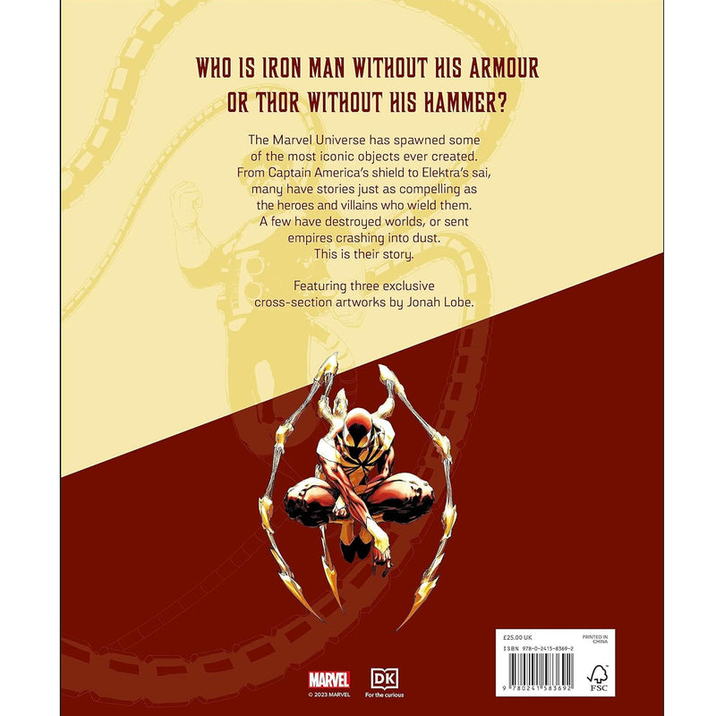  'Arms & Armour: The Mightiest Weapons and Technology in the Marvel Universe' Back cover red and gold with an image of spider-man