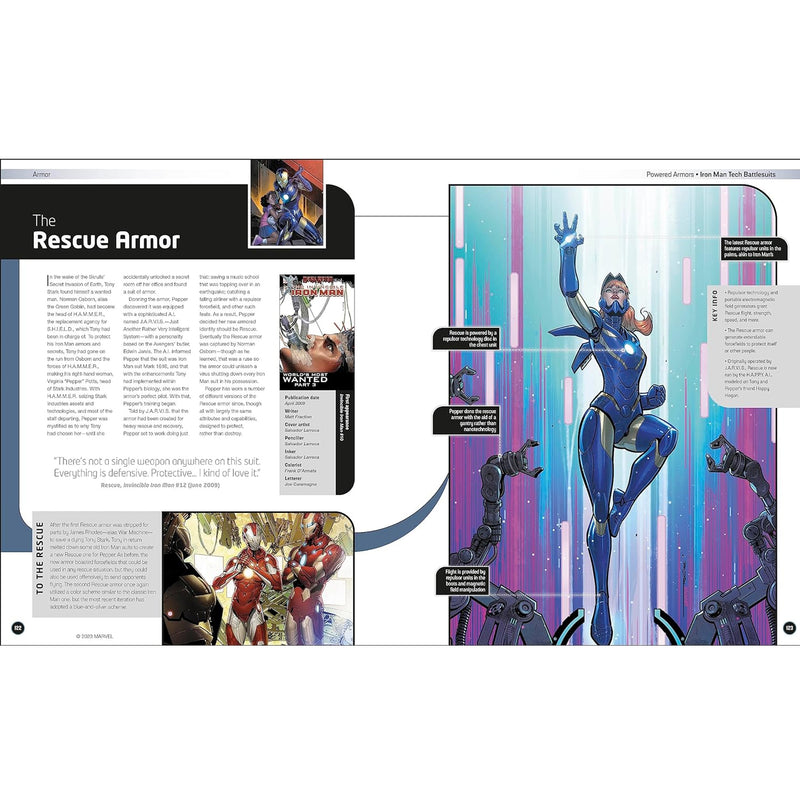  'Arms & Armour: The Mightiest Weapons and Technology in the Marvel Universe'. The Rescue Armour 2 page spread