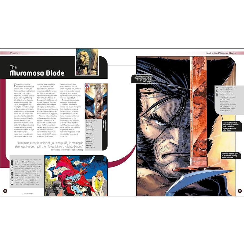  'Arms & Armour: The Mightiest Weapons and Technology in the Marvel Universe'. The Muramasa Blade 2 page spread