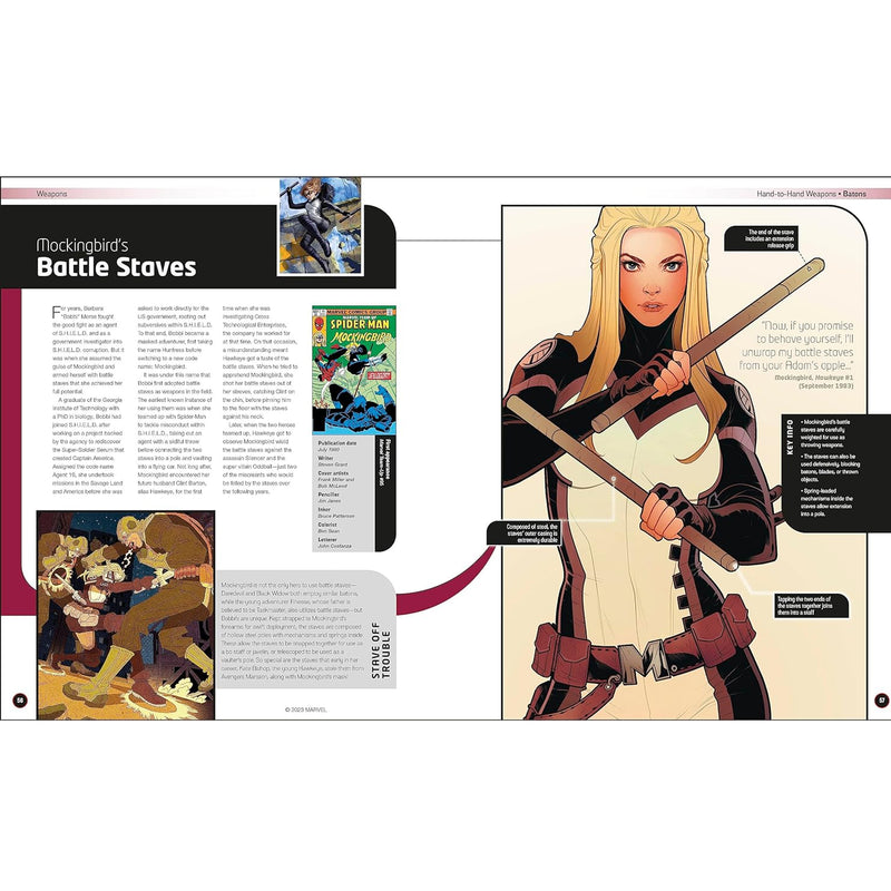  'Arms & Armour: The Mightiest Weapons and Technology in the Marvel Universe'. Mockingbird's Battle Staves 2 page spread