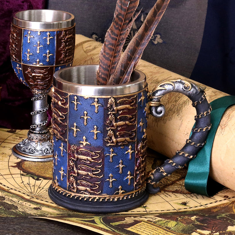 Medieval Tankard displayed with maps and quills