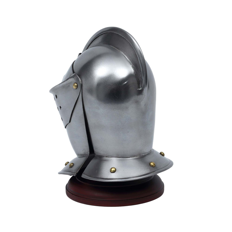 Close Helm miniature replica displayed on wooden stand back left view