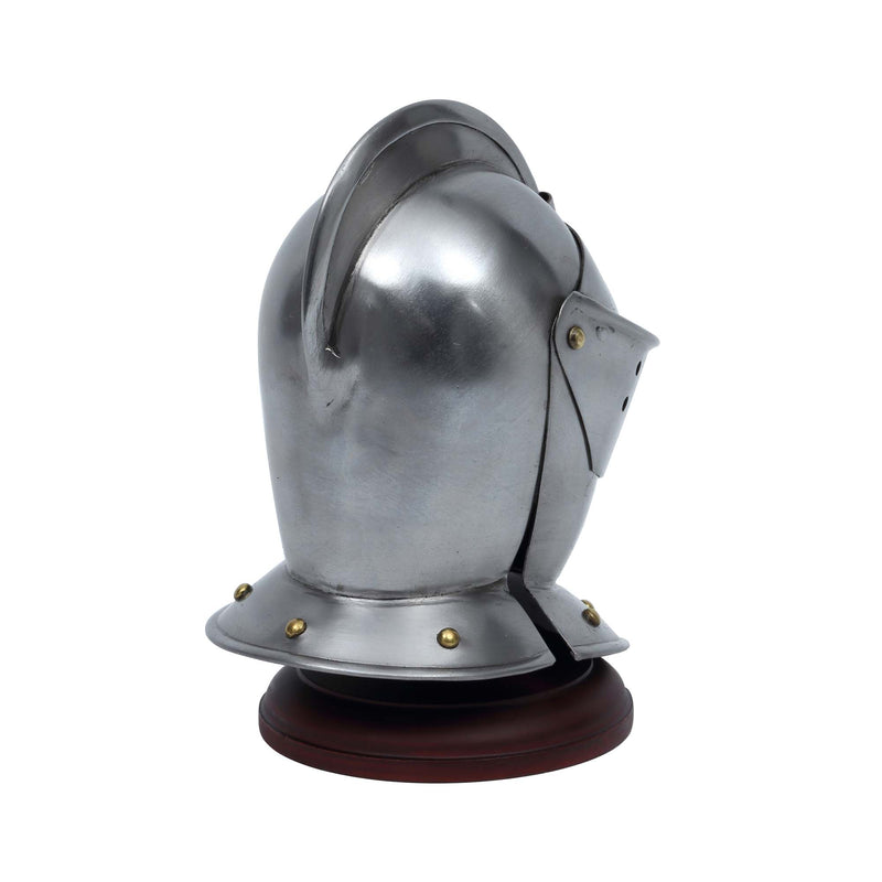 Close Helm miniature replica displayed on wooden stand back right view