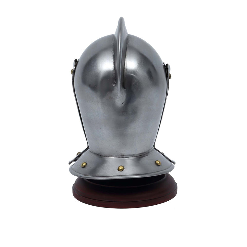 Close Helm miniature replica displayed on wooden stand back view