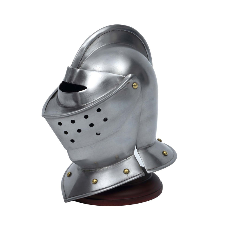 Close Helm miniature replica displayed on wooden stand front left view