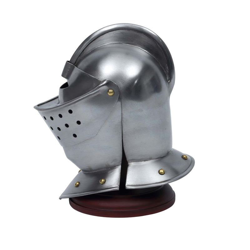 Close Helm miniature replica displayed on wooden stand left view