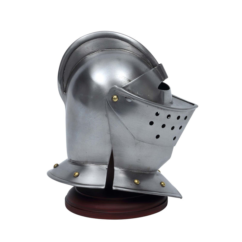 Close Helm miniature replica displayed on wooden stand right view