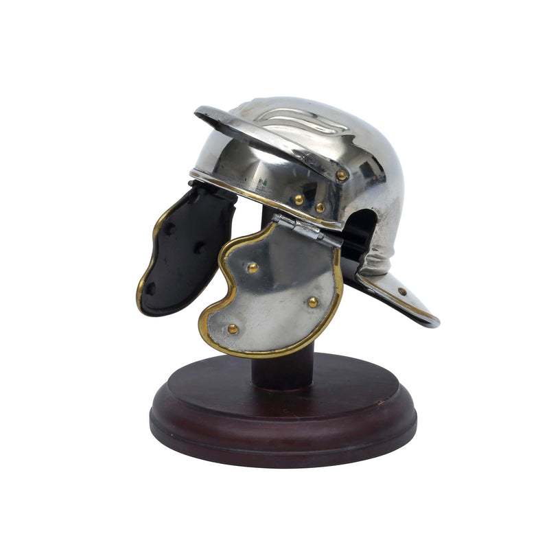 Roman Trooper Helmet miniature replica displayed on wooden stand front left view