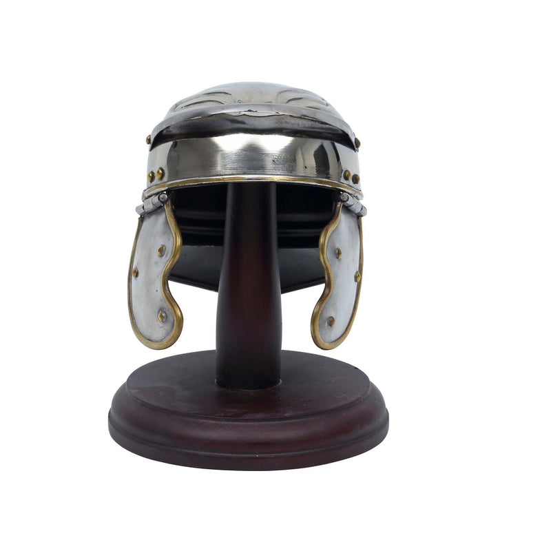 Roman Trooper Helmet miniature replica displayed on wooden stand front view
