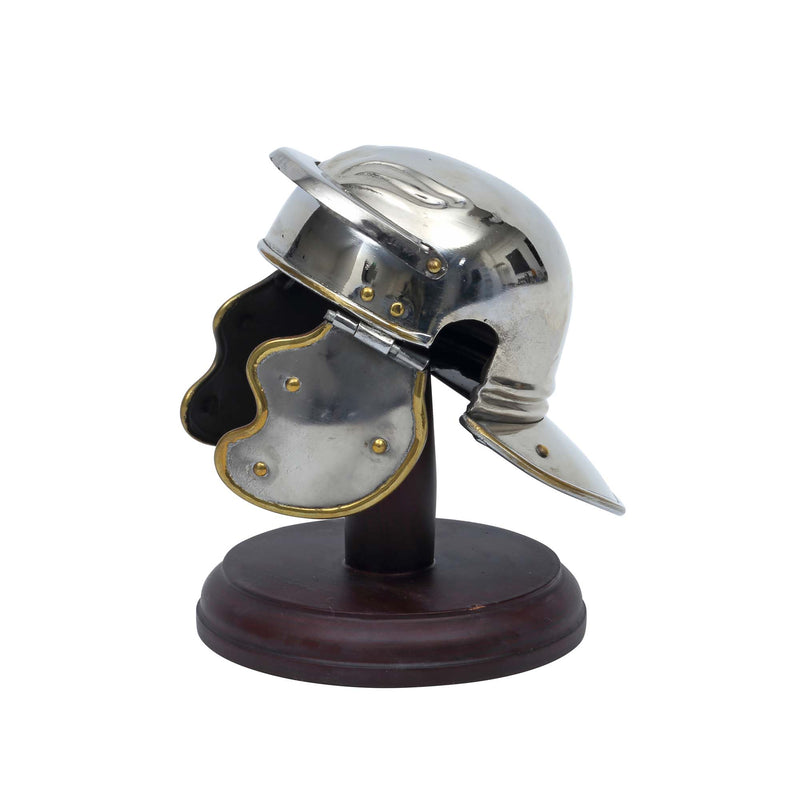 Roman Trooper Helmet miniature replica displayed on wooden stand left view