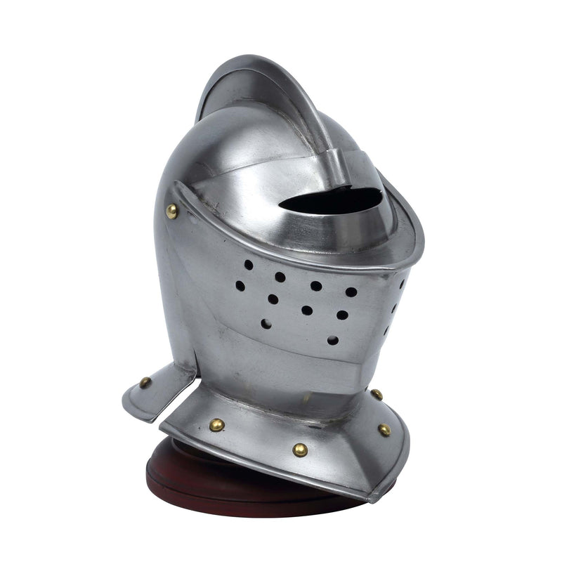 Close Helm miniature replica displayed on wooden stand front right view