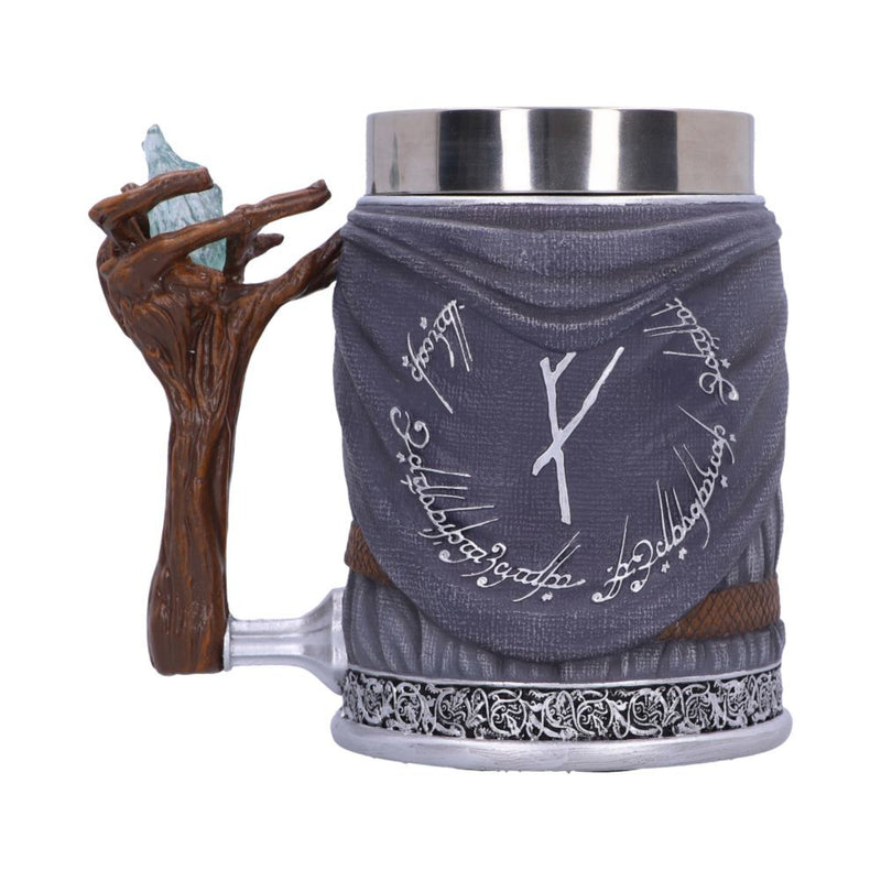 Mug with wooden handle and Elvish script design on a white background