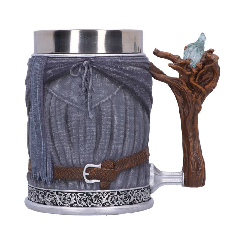 Decorative mug with a fantasy design featuring a textured sleeve, belt, and wooden handle on a white background.