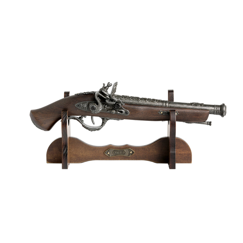 wooden one-gun replica flintlock pistol stand - front angle with gun