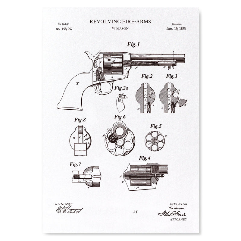 Black and white patent illustration of a revolver with labeled parts on a white background