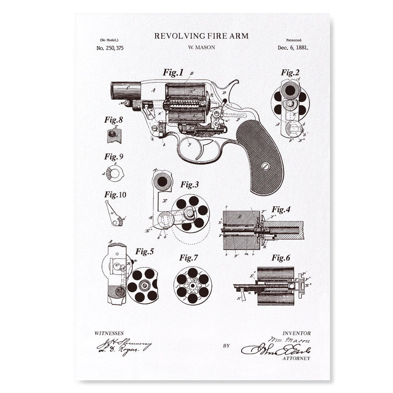 Black and white patent diagram of a revolver on a white background