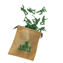 Green Plastic Army Soldiers spilling out of a brown burlap style bag