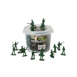 Green plastic soldiers displayed around and on top of their clear plastic tub, as if guarding it