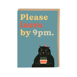 greetings card with words "please leave by 9pm." and illustration of black cat with birthday cake