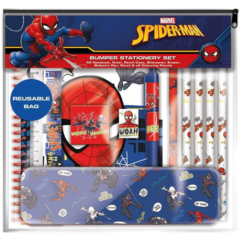 Spider-Man themed bumper stationery set with various stationery items on a blue background