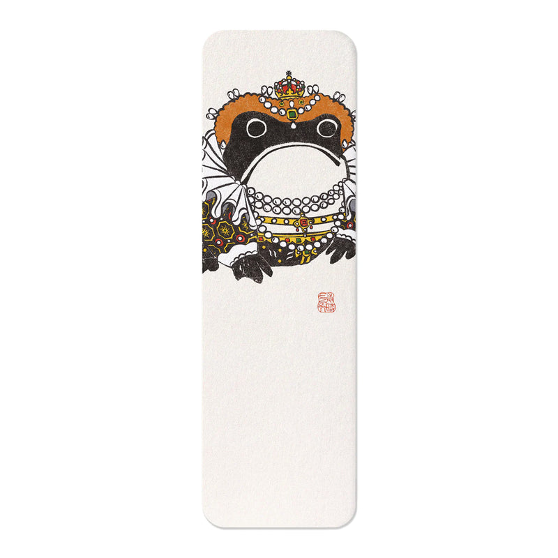 A contemporary Bookmark dressed as Queen Elizabeth I with crown and royal clothing including tudor style neck ruffles, adaptation of a Japanese woodblock print dating 1814 