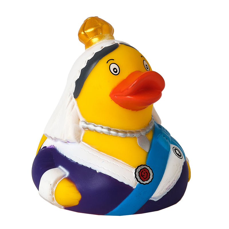 Yellow Rubber duck dressed like queen victoria front right side