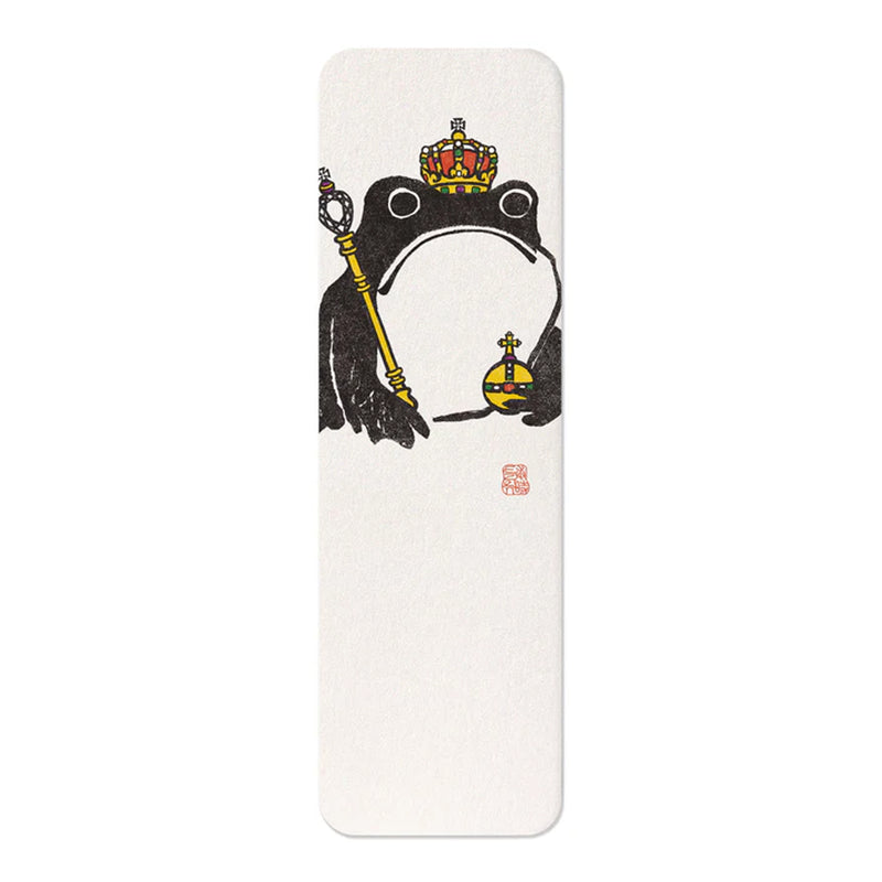 The detail of a paper Bookmark showing the Contemporary adaptation of the Japanese Woodblock print dating 1814 - Ezen frog with a Royal crown, septre and globe.