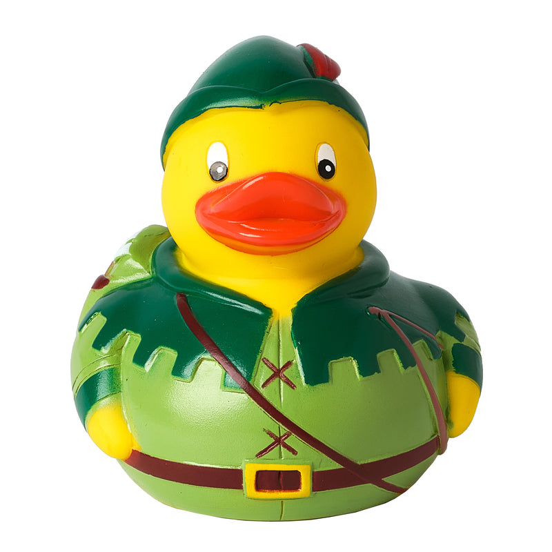 Yellow rubber duck dressed like Robin Hood front