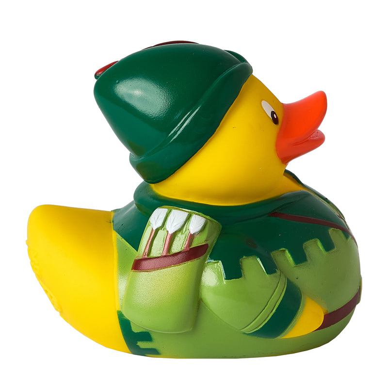 Yellow rubber duck dressed like Robin Hood right side