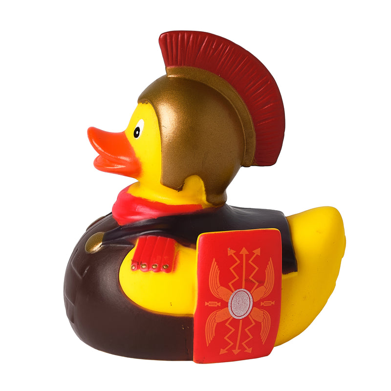 Yellow Rubber duck dressed like a roman soldier left side profile
