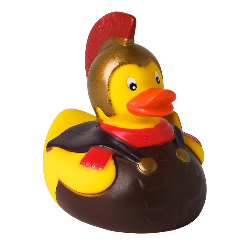 Yellow Rubber duck dressed like a roman soldier front right side